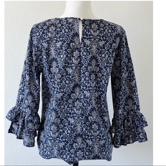 J.CREW  Size 8 Double Ruffle Sleeve Floral Print Top Blue Cotton Blouse - Picture 3 of 10